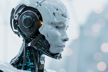 Poster - Humanoid robot with digital interface against bright background. Close-up shot. Future robotic and cybernetic concept. Futuristic artificial intelligence technology and robotization. 