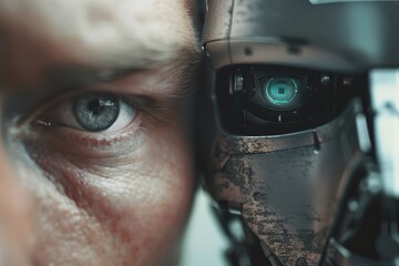 Poster - Connection between human and robot. Close-up shot. Future robotic and cybernetic concept. Futuristic artificial intelligence technology and robotization. 