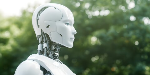Poster - Humanoid robot in green park. Future robotic and cybernetic concept. Futuristic artificial intelligence technology and robotization. Banner with copy space