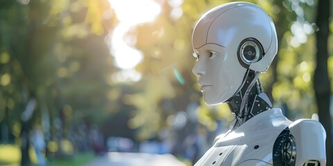 Poster - Humanoid robot in park with sunlight. Future robotic and cybernetic concept. Futuristic artificial intelligence technology and robotization. Banner with copy space