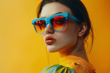 Wall Mural - Fashion model wearing blue sunglasses and yellow clothes posing on yellow background