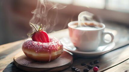 Wall Mural - A strawberry donut accompanied by a steaming cup of coffee sits invitingly on the table embodying the essence of Valentine s Day