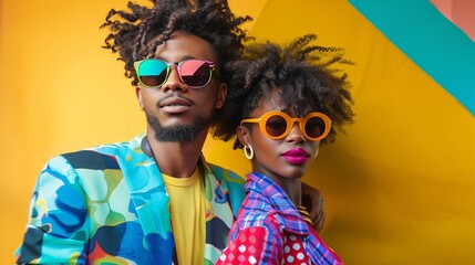 Wall Mural - Stylish man and woman with afro hair posing on a vibrant yellow background