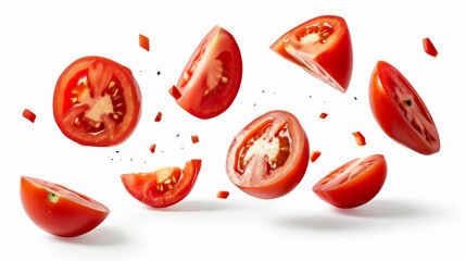 Ripe red tomatoes are shown in slices, floating in mid-air against a white background