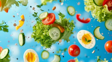Wall Mural - A variety of salad vegetables, including cucumbers, tomatoes, bell peppers, parsley, and eggs, are depicted floating in mid-air against a bright blue background