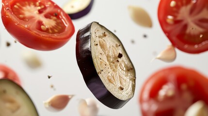 Slices of eggplant, tomato, and garlic appear to be floating in mid-air against a white background