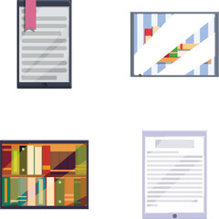 Poster - E library icons set cartoon vector. Gadget with book and text on screen. Internet technology
