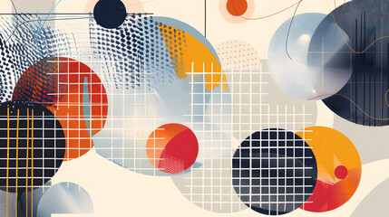 Geometric abstract shapes and futuristic forms. Vector illustration with wireframe shapes and checkered background. Mid century modern poster