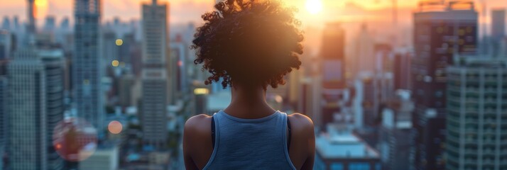 Wall Mural - A closeup of the back view of an athletic African American woman in her late thirties, doing yoga on top of buildings overlooking cityscape