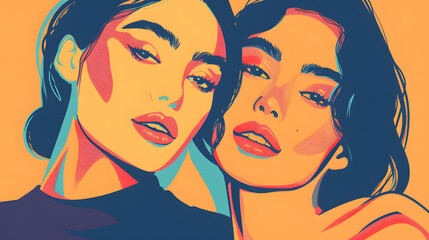 Portrait of a two young women. Faces of fashion models. Couple of LGBTQ. Vector flat illustration