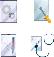 Poster - Smartphone repair icons set cartoon vector. Smartphone with tool and spare part. Technical support, maintenance