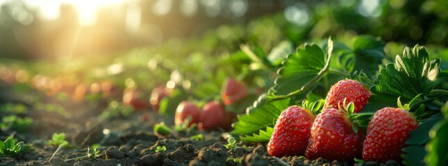 In the strawberry field, strawberries hang on green leaves and are ready for harvest in spring at sunset