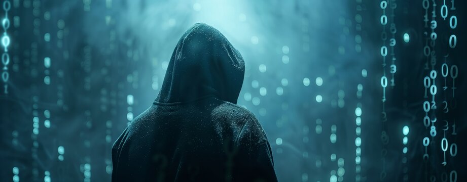Cinematic shot of hacker in hood silhouette against dark background with binary code, chiaroscuro, volumetric lighting, cinematic