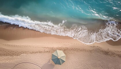 Wall Mural - beach with perfect white sand and turquoise water, green palm trees, top view
