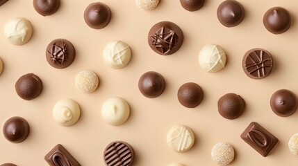 Wall Mural - Create a stunning flat lay image featuring white milk and dark chocolate candies beautifully arranged on a beige background from a top down perspective