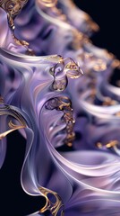 Wall Mural - 3D render of an abstract design featuring swirling waves in light purple and gold, with intricate details on the edges of each wave