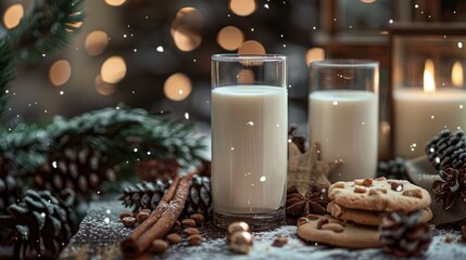 Poster - a digitalized image showcases a festive scene with snowy white spots adorning a spread of milk and c