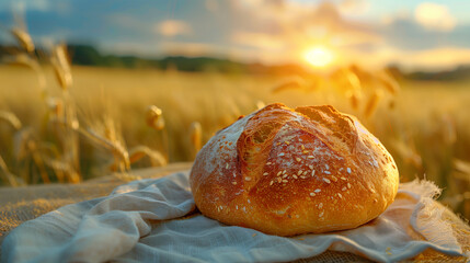 Wall Mural - fresh rustic bread on a linen napkin against the background of a wheat field