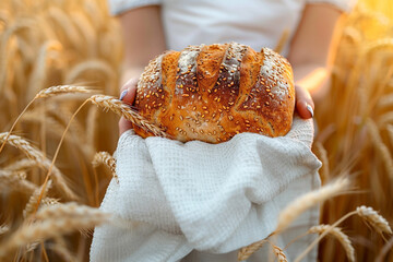 Wall Mural - fresh rustic bread in hands against a background of a wheat field