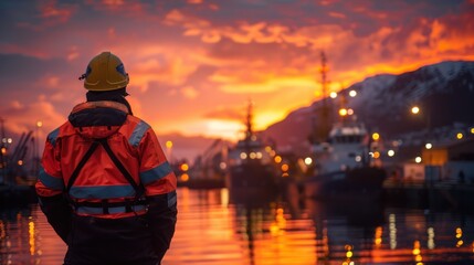 Wall Mural - Harbor Worker in Reflective Gear Overlooking at Dusk