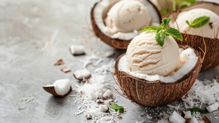 Wall Mural - Coconut ice cream in coconut shells with mint leaves, scattered flakes