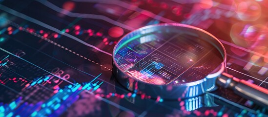 Poster - A magnifying glass over an abstract digital stock market graph, with bokeh lights in the background.