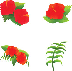 Poster - Hibiscus plant icons set cartoon vector. Blooming red hibiscus with green leaf. Decorative exotic flower