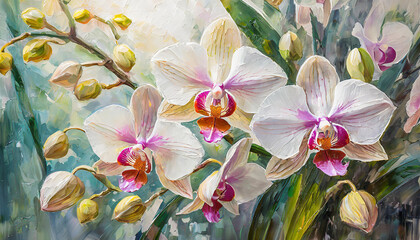 Wall Mural - Digital botanical painting close up of a bunch of white Orchid flowers, oil painting floral bouquet