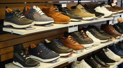 Men and women shoes displayed on a shelf in a store