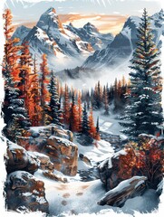 Wall Mural - Breathtaking Winter Wonderland of Snow-Covered Mountain Peaks, Pine Trees, and Frosty Trails Offering Majestic Scenic Views
