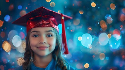 Wall Mural - A young woman in a graduation cap smiles at the camera with confetti falling around her against a bright blue background
