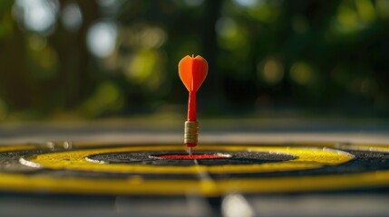 Wall Mural - Red and yellow darts on target symbolize success and achievement Selective focus