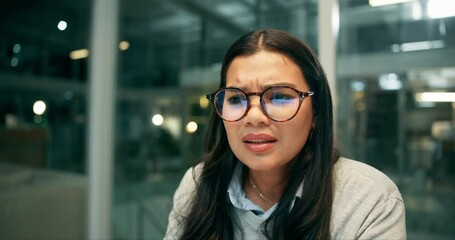 Poster - Frustrated, woman and confused with laptop in office for investment, website and phishing email. Night, trader and investor with tech in stress for financial crisis, digital fraud and online scam