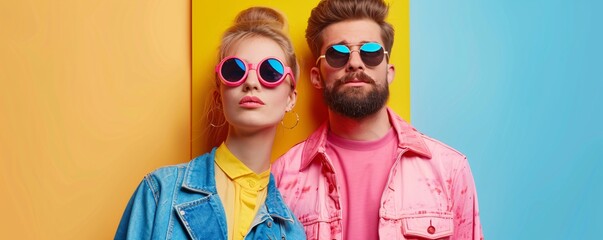 Wall Mural - Stylish young man and woman in bright colorful clothes and sunglasses posing on yellow, pink and blue background