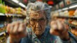 © ProPhotos - An elderly woman wearing glasses and a blue shirt shows her fists at the camera while standing in the aisle of a grocery store.
