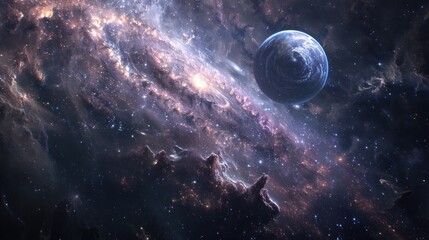 Wall Mural - A planet and moon are depicted against the background of a galaxy. The galaxy has a cloudy structure with stars scattered throughout it.