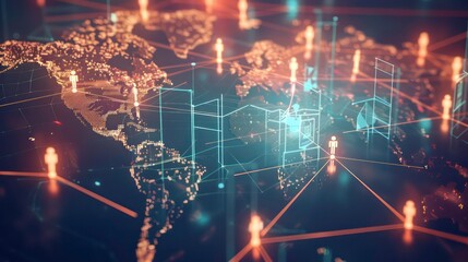 Poster - World map with global connection technology represented by glowing lines and icons of people, illustrating a network of communication and data exchange across continents. Generative AI