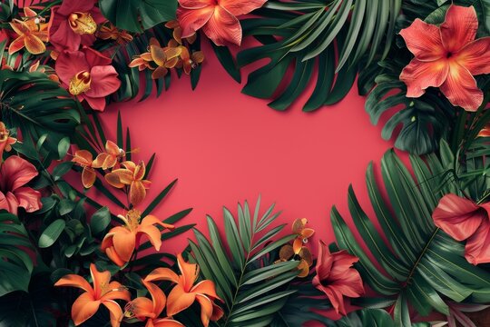Tropical Paradise: A Vibrant Frame of Lush Green Leaves and Crimson Flowers