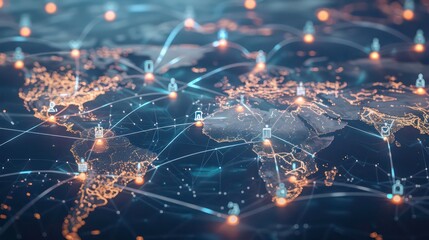 Poster - World map with global connection technology represented by glowing lines and icons of people, illustrating a network of communication and data exchange across continents. Generative AI