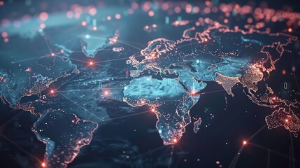 Poster - World map with global connection technology represented by glowing lines and icons of people, illustrating a network of communication and data exchange across continents. Generative AI