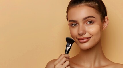 Wall Mural - A woman is holding a makeup brush and smiling.