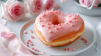 Canvas Print - A heart shaped donut topped with a pink glaze sits elegantly on a white plate creating a festive backdrop perfect for Valentine s Day Mother s Day or birthday celebrations