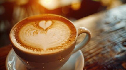 Wall Mural - Artistic heart shaped milk foam topping a hot cappuccino on a table