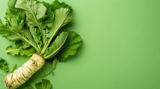 fresh horseradish root with leaves on green background