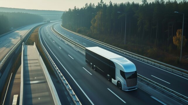 An aerial view captures a futuristic autonomous truck on a highway
