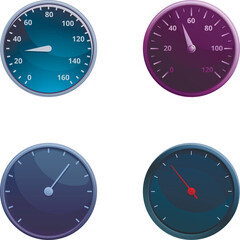Poster - Automobile speedometer icons set cartoon vector. Different style of speedometer. Speed indicator