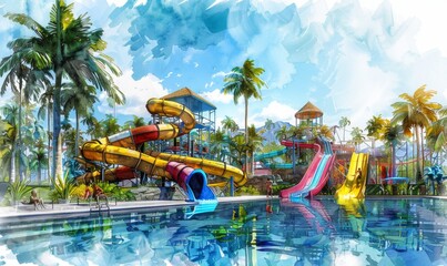 Poster - paradise beach waterpark Digital illustration, white background, watercolor style