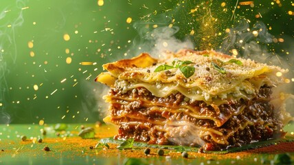 Steaming slice of lasagna with layers noodles, meat, cheese, and topped herbs, against green background