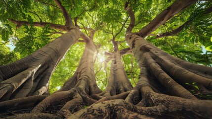 The view from the ground looking up at banyan trees with wide roots, green leaves and thick trunks. The perspective shows that you can see several tree trunks in close distance and their branches.