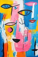 Wall Mural - Abstract oil painting with colorful faces on vibrant background. Concept of modern art, expressionism, creativity, bold colors. Metaphorical associative card. Psychological abstract picture. Vertical